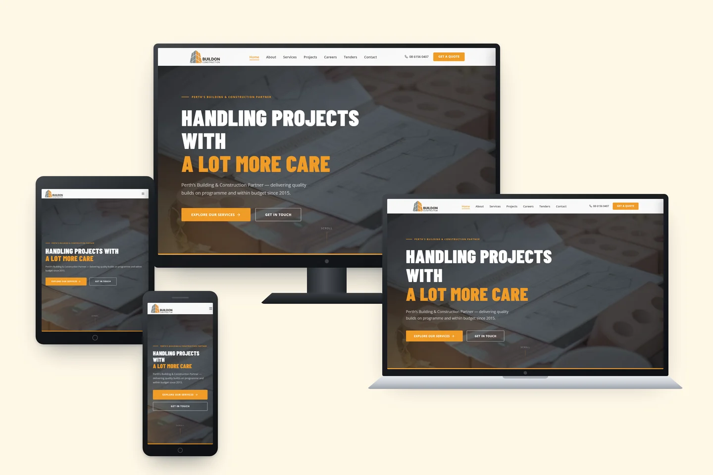 The Buildon Construction home page shown on a desktop monitor, laptop, tablet and phone