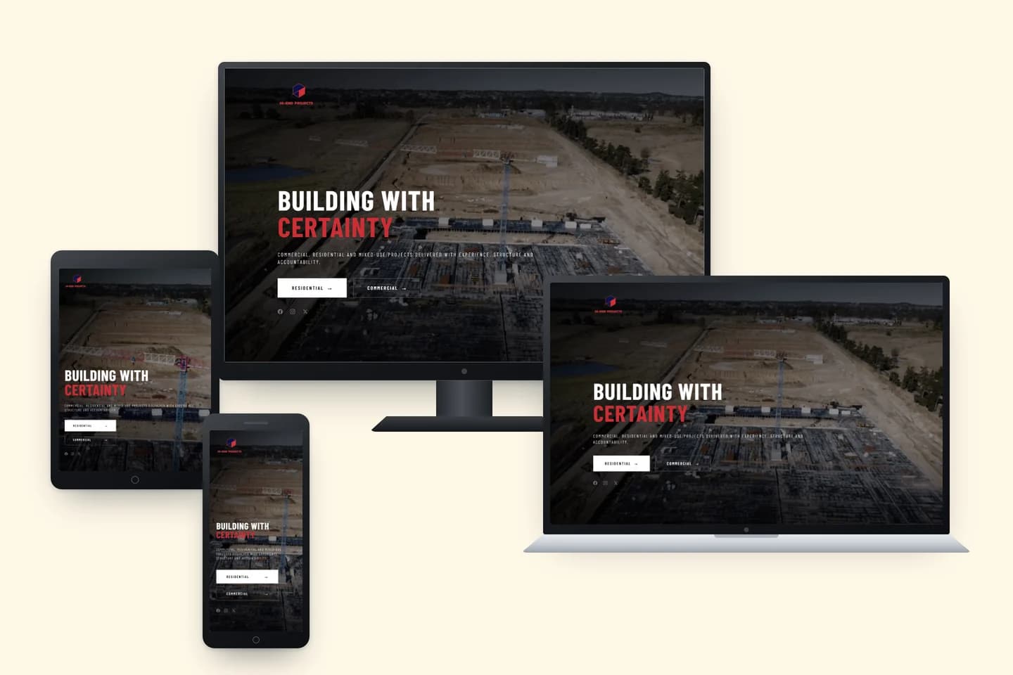 The Hi-End home page shown on a desktop monitor, laptop, tablet and phone