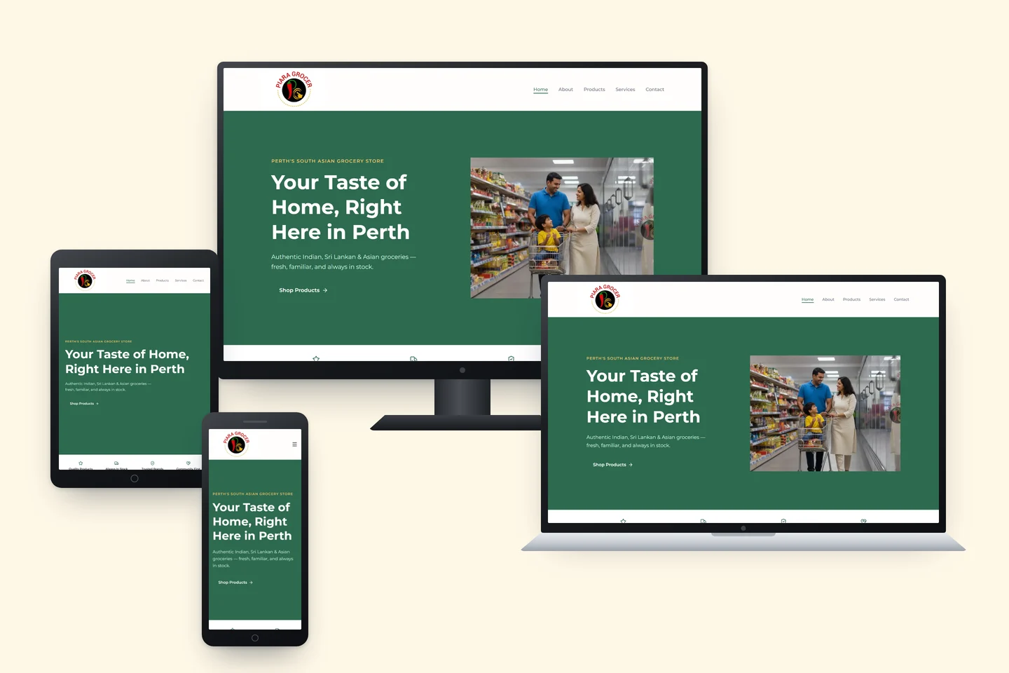 The Piara Grocer home page shown on a desktop monitor, laptop, tablet and phone